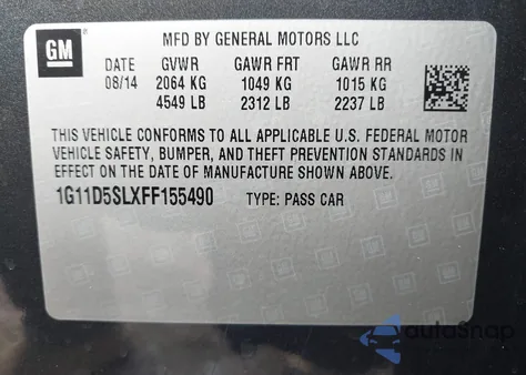 2015 Chevrolet Malibu 2Lt из США, поврежденный, VIN 1G11D5SLXFF155490